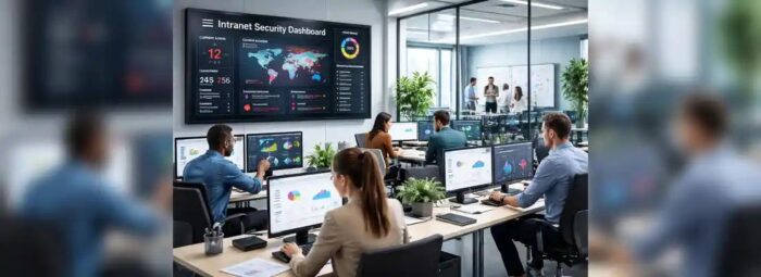Office employees analyzing an Intranet Security Dashboard display.
