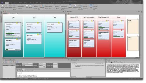 A digital software dashboard showing project management boards and resource allocation.