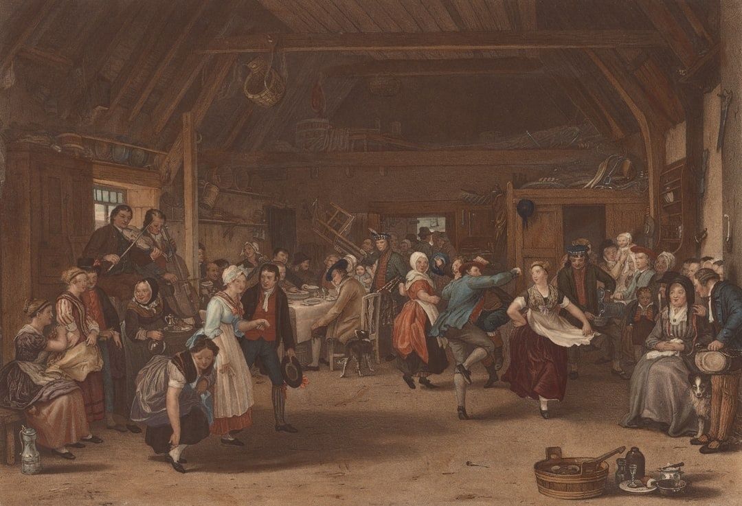 Historical painting of a lively barn dance with musicians and dancers